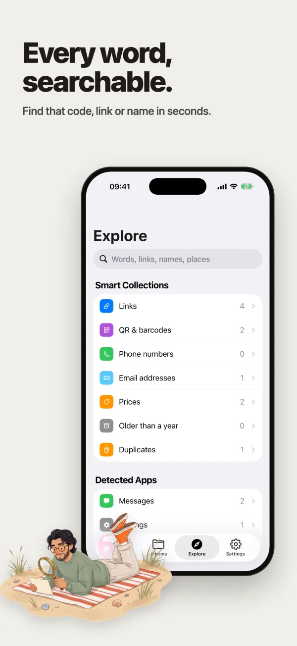 Explore screen with search and smart collections for links, QR codes and prices
